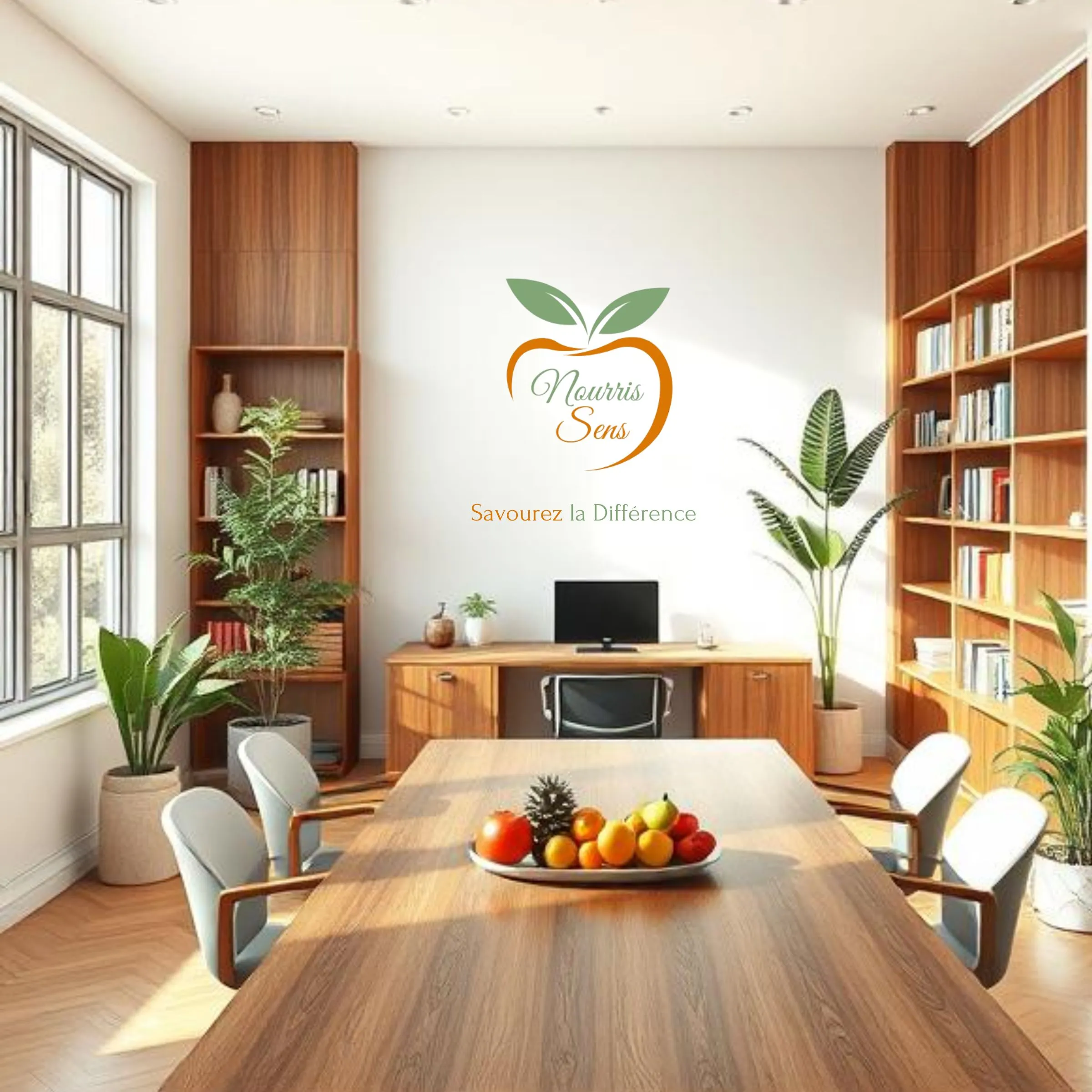 À propos Bureau avec un mur blanc, des fenêtres, une bibliothèque en bois, des plantes, des fruits sur la table, 4 chaises et le logo nourris sens avec son slogan.