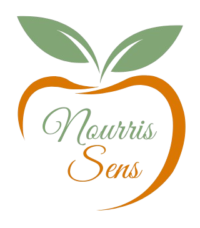 logo nourris sens transparent pomme orange avec 2 feuilles vertes.