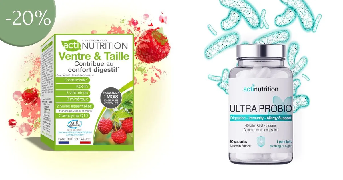 2 Compléments alimentaires de actinutrition, l'ultra probiotique et le ventre & taille à -20% !